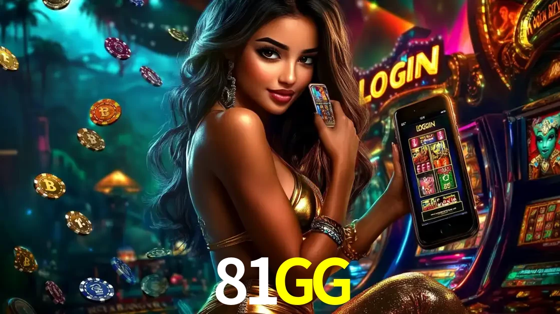 Mulher em um cenário de cassino temático de aventura, mostrando o app de caça-níqueis da 81GG no celular. Fichas de apostas flutuam ao redor.