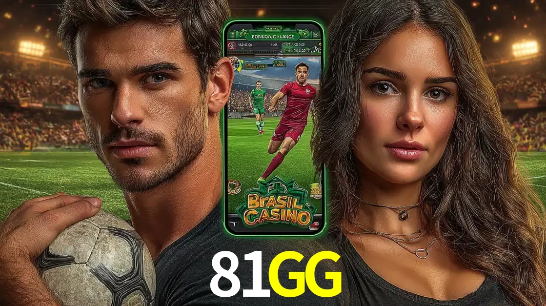 Homem segurando uma bola de futebol e uma mulher ao lado de um smartphone exibindo o jogo de apostas esportivas da 81GG. Faça seu palpite no cassino online.